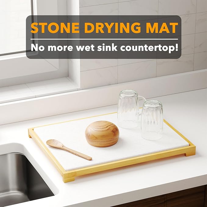 SpaceAid Bamboo Rack Dish Pad, Instant Dry Diatomaceous Earth Mat - Image 2