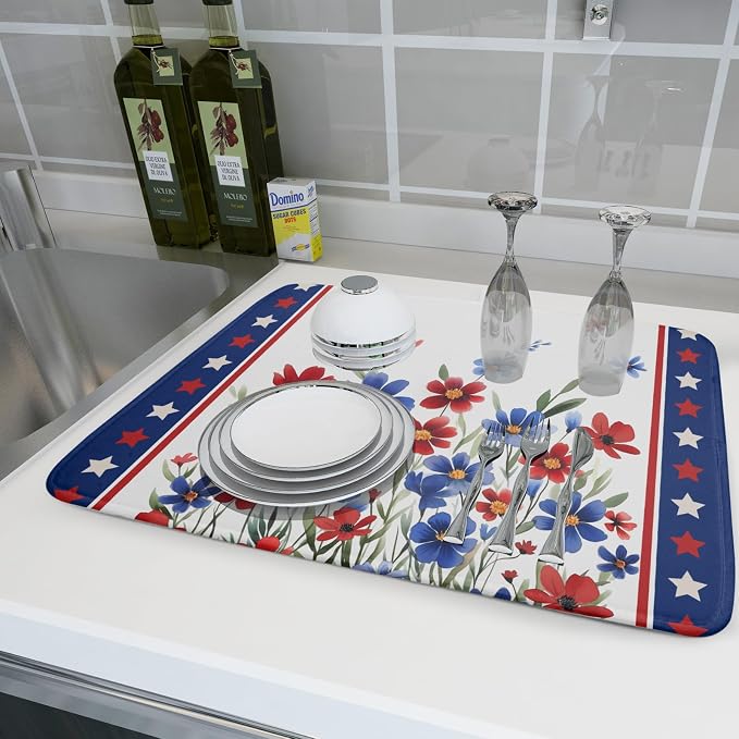 4th of July Dish Drying Mats for Kitchen Counter Patriotic Star Microfiber - Image 6