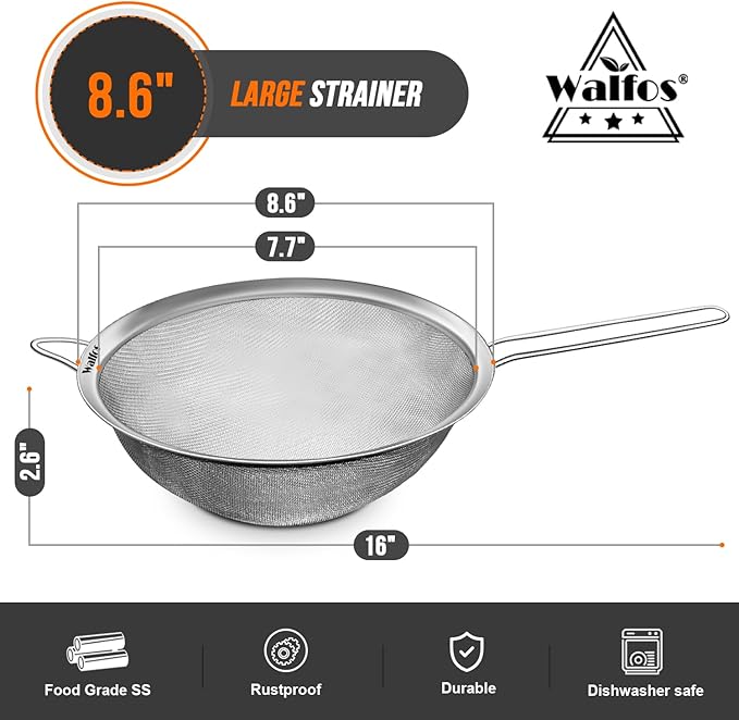 Walfos 8.6 Inch Large Fine Mesh Strainer, Kitchen Metal Food Strainers - Image 4