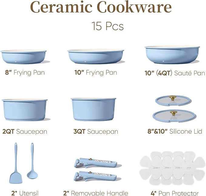 CAROTE 15Pcs Ceramic Cookware Set, Pots and Pans Set Non Stick, Kitchen Cooking - Image 2
