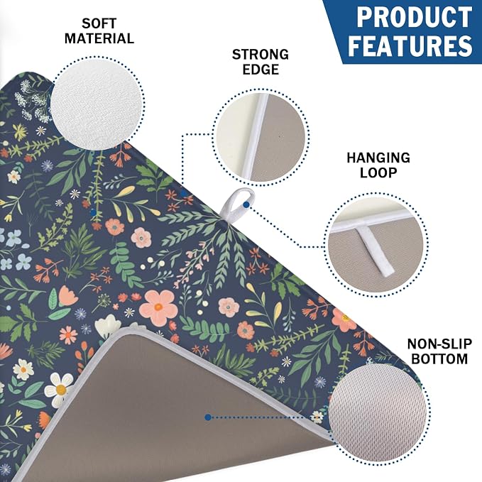 Floral Dish Drying Mat for Kitchen Counter Rustic Flower Leaves Print - Image 3