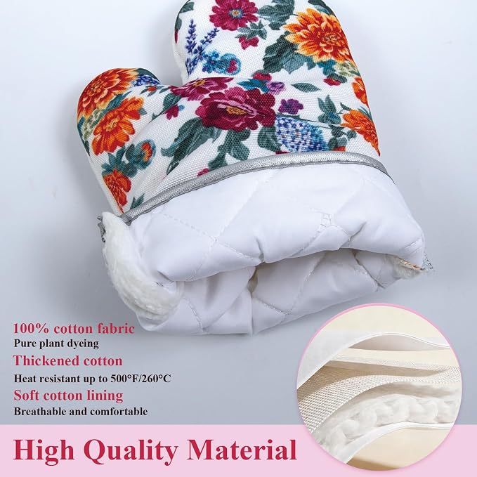 Floral Oven Mitts and Pot Holders Sets 2 Pcs, Canvas Heat Resistant Kitchen - Image 3