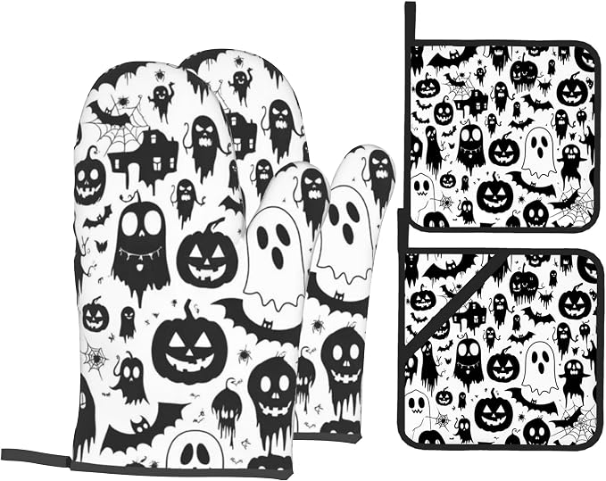 Halloween Ghost Pumpkin Pattern Oven Gloves and Hot Pads Set by Unknown