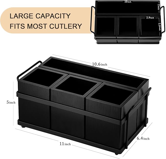 PTSTING Silverware Caddy Black Wood Silverware Holder Paper Plate Dispenser - Image 3