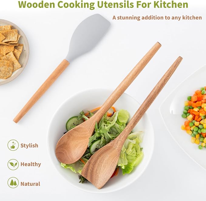 Wooden Spoons for Cooking, Acacia Wood Spoon Wooden Utensils Set, Non-Stick - Image 7