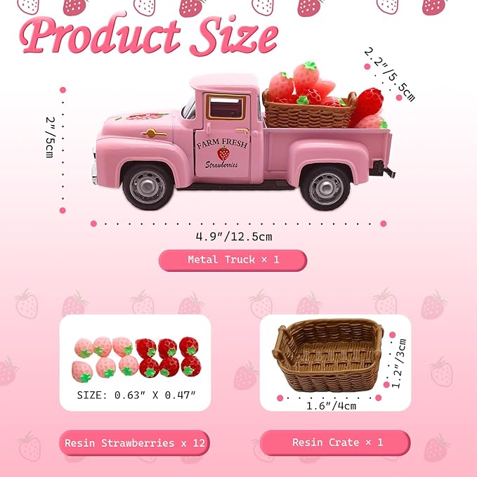 4.9″ Mini Vintage Strawberry Pink Metal Farm Truck Decor - Image 3