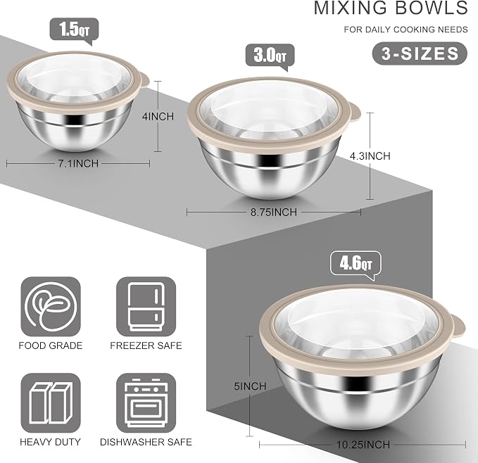 HaWare Mixing Bowls with Airtight Clear Lids, 6-Piece Stainless Steel Strong - Image 2