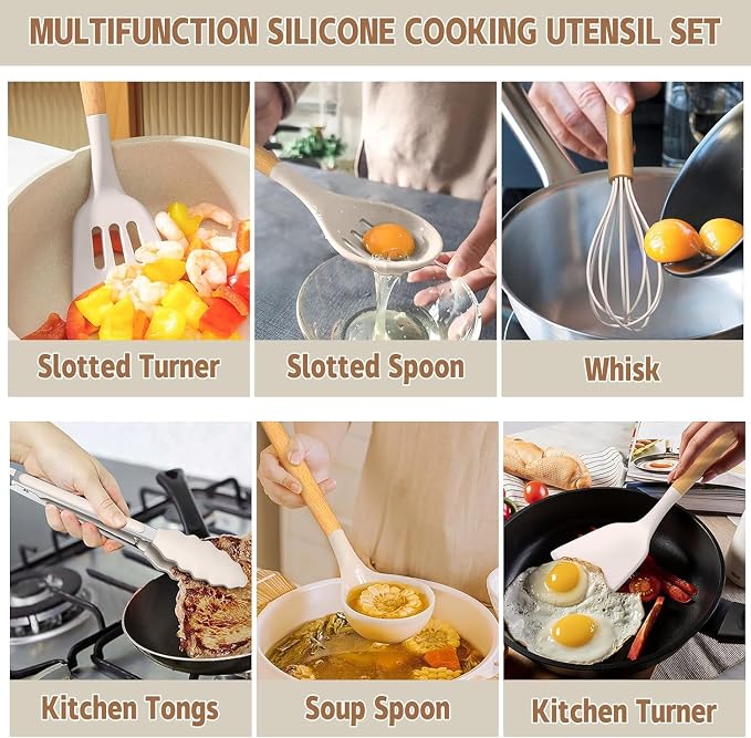 Umite Chef Kitchen Cooking Utensils Set, Wooden Handle Silicone Kitchen Gadgets - Image 3