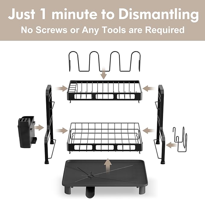 BOOSINY Dish Drying Rack, 2 Tier Large Stainless Steel Black Dish Rack - Image 6