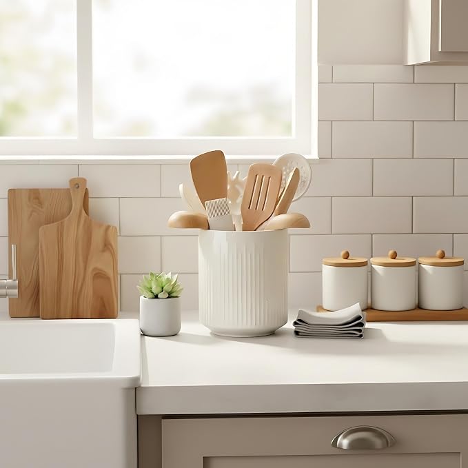 JIEMEI HOME Kitchen Utensil Holder, 7.2" Large Ceramic Stable Utensil Crock - Image 7