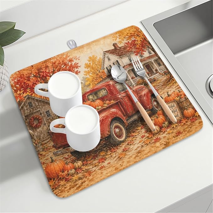 Fall Pumpkin Dish Drying Mat for Kitchen Counter Thanksgiving Autumn Harvest - Image 8