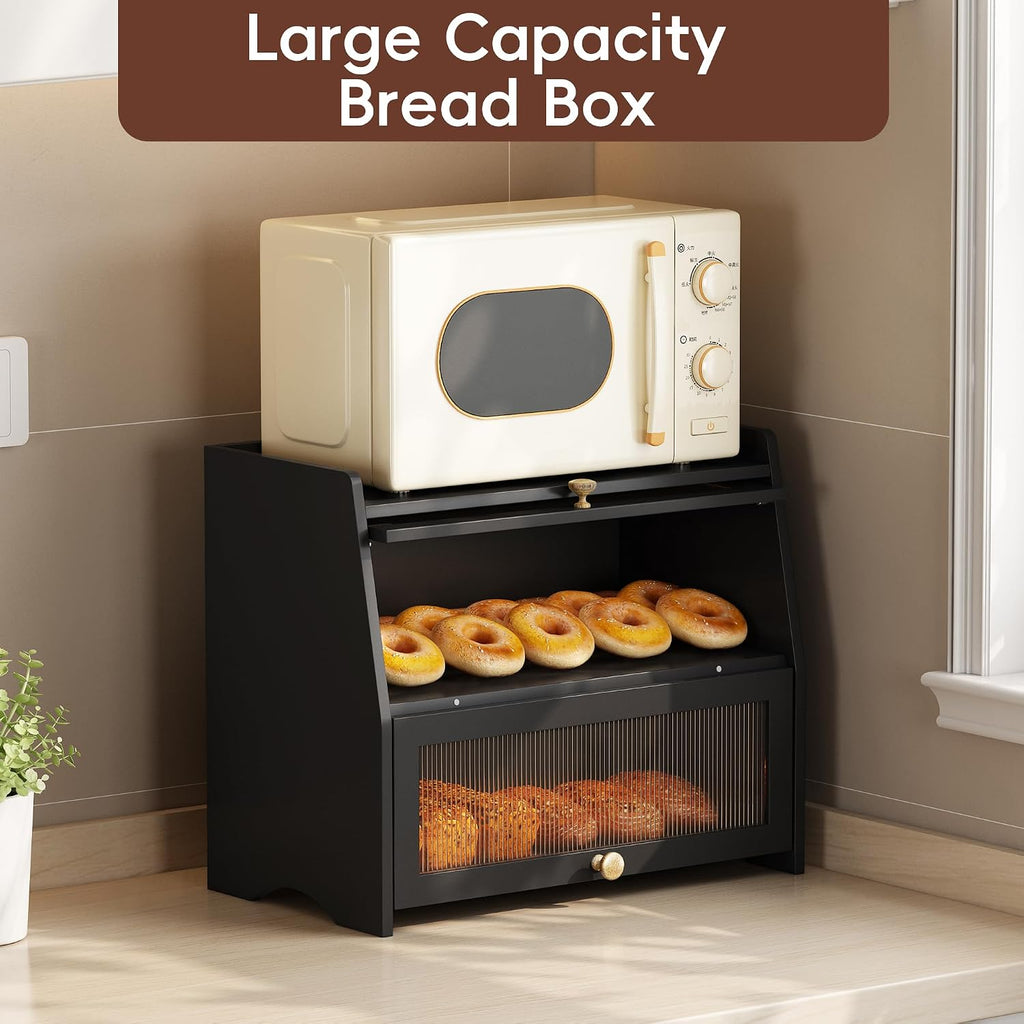 Bread Box for Kitchen Countertop, Double Layer Pine Wood Breadbox