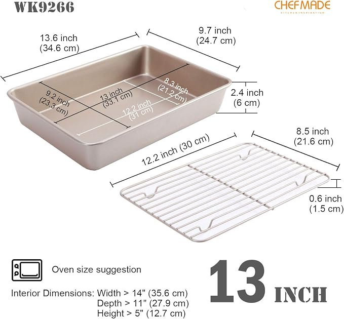CHEFMADE Roasting Pan with Rack, 13-Inch Non-Stick Rectangular Deep Dish - Image 2