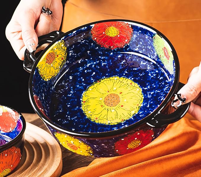 Vintage Style Pottery Bakeware Colorful Daisy Pattern Ceramic Casserole Dish - Image 4