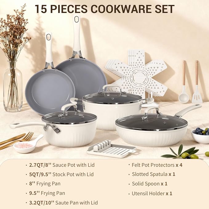 Ammeloo 15-Piece Ribbed Ceramic Cookware Set, Pots and Pans Set Non Stick - Image 9