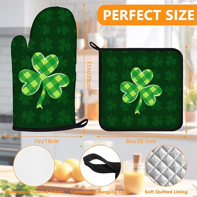 Green Clover Oven Mitts and Pot Holders Sets 4Pcs, Extra Long Oven Gloves - Image 2