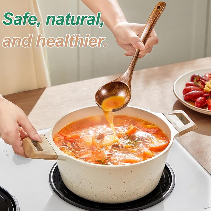 Wooden Ladles for Cooking, 2-Piece Soup Ladle & Pasta Spoon Set, Natural Teak - Image 5