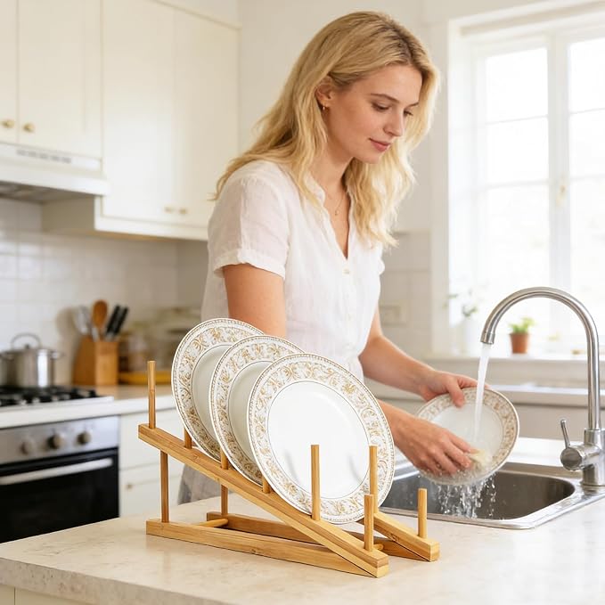 Bamboo Dish Drying Rack Wooden Plate Rack Kitchen Pot Lid Holder Cabinet - Image 5