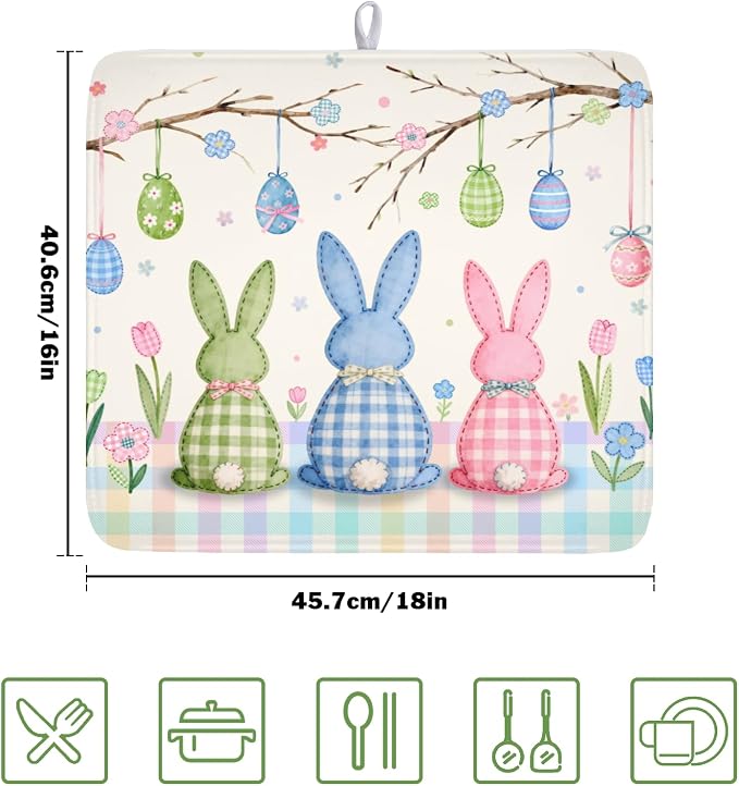 Easter Bunny Dish Drying Mat for Kitchen Counter 16 x 18 Inch Rabbit Eggs Dish - Image 2