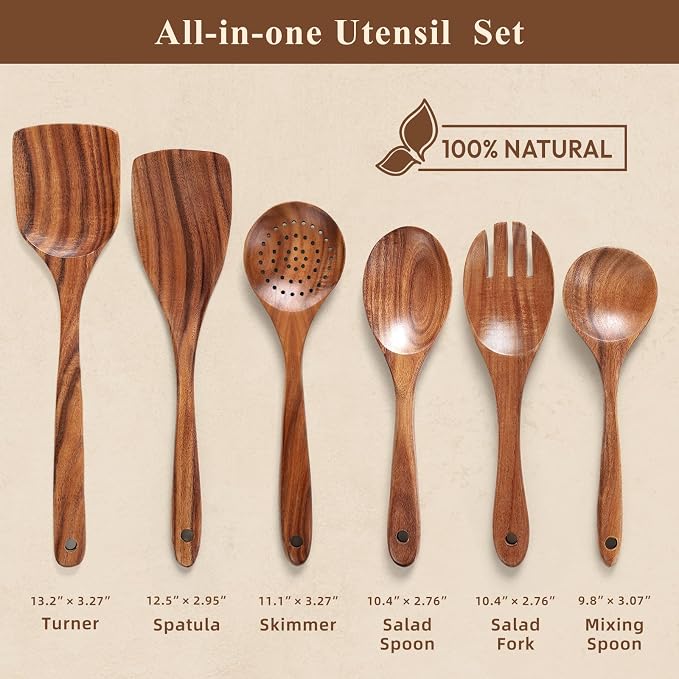 Premium Teak Wooden Spoons for Cooking, 6-Piece Wood Kitchen Utensils Set for - Image 2