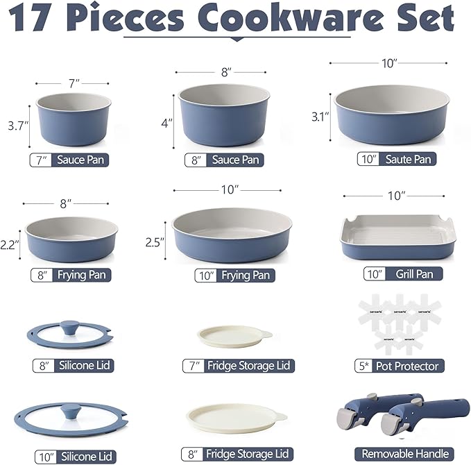 SENSARTE 17 Piece Ceramic Pots and Pans Set, Nonstick Detachable Handle Cookware - Image 2