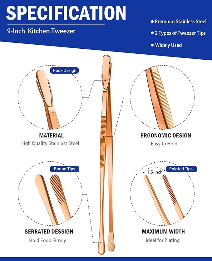 JETKONG 2 Pcs 9-Inch Kitchen Tweezers Cooking Tweezer Tongs Stainless Steel - Image 2