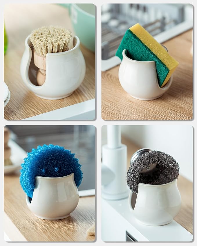 Zoeeker Sponge Holder for Kitchen Sink Counter, Ceramic Dish Sponge Caddy White - Image 5
