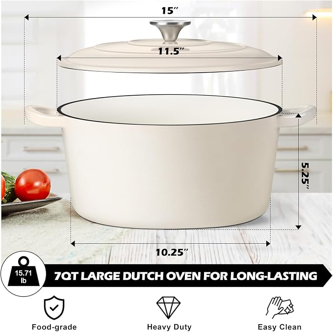 TeamFar Enameled Cast Iron Dutch Oven, 7qt Dutch Oven Pot Nonstick Cookware - Image 2