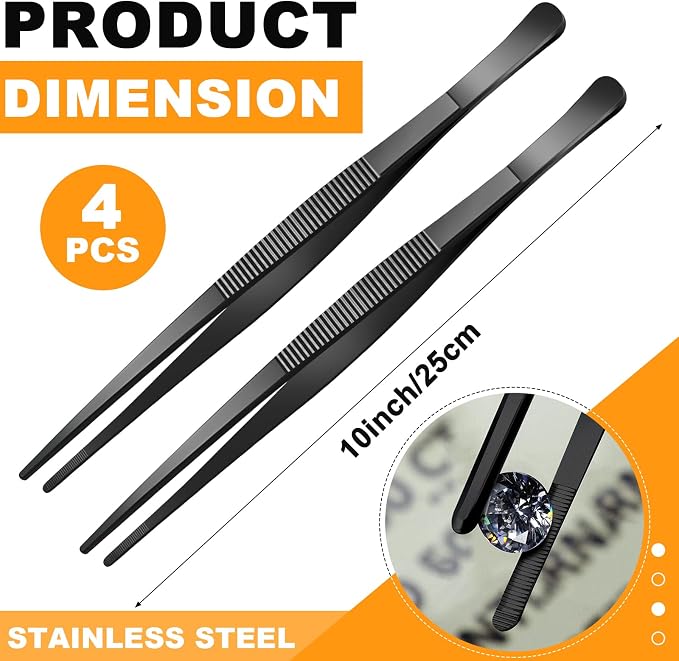Yaomiao 4 Packs 10 Inch Bar Tweezers Black Cocktail Tongs Long Garnish Tweezers - Image 2