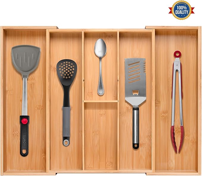 guiogc Bamboo Silverware Organizer, Expandable Kitchen Drawer Organizer and - Image 6