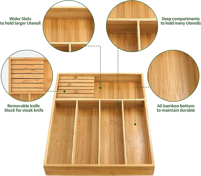 VaeFae Bamboo Silverware Organizer, Utensil Holder - Image 6