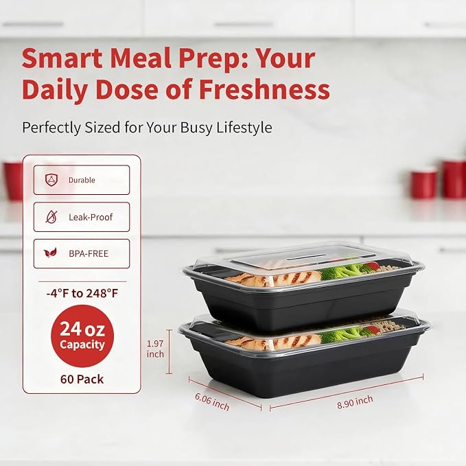 60 Pack 24 oz Meal Prep Containers Reusable, Plastic Food Storage Container - Image 4