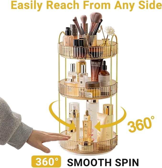 Asayuee 360 Rotating Makeup Organizer, 3 Tier Large Capacity Make Up Organizers - Image 3