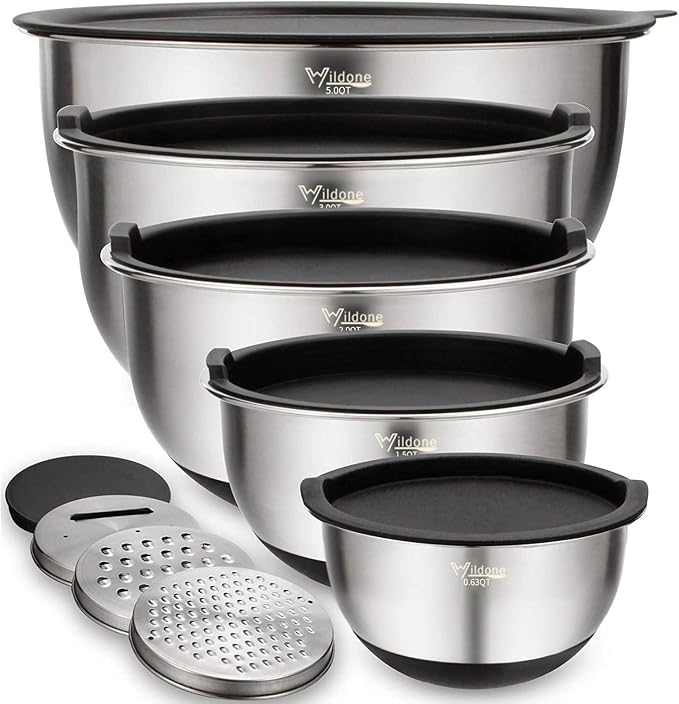 Wildone Mixing Bowls with Airtight Lids Set, with Grater Attachments & Non-Slip by Wildone