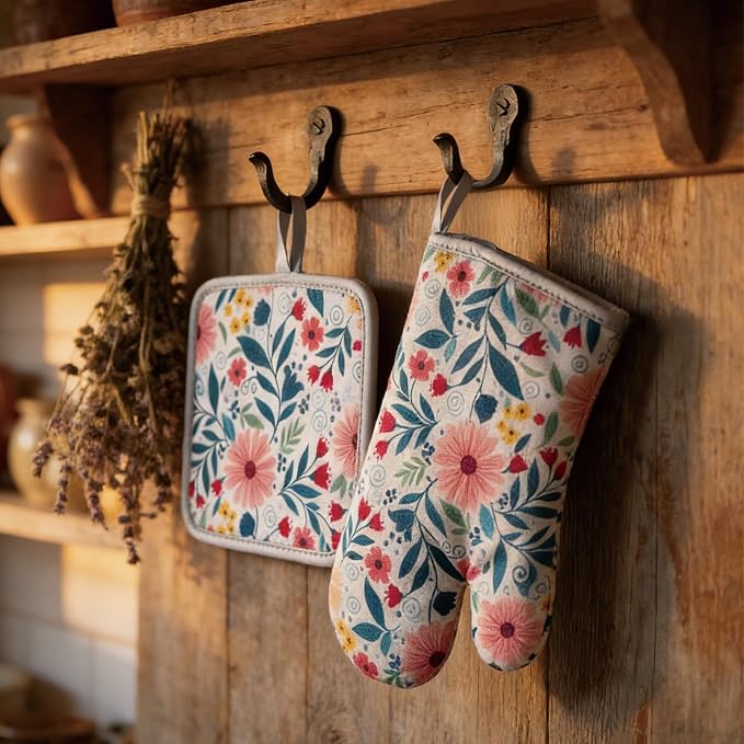Floral Oven Mitts and Pot Holders Sets 2 Pcs, Canvas Heat Resistant Kitchen - Image 9