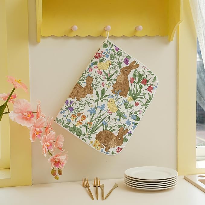Spring Dish Drying Mat 18x24 Inch Easter Rabbit Bunny Floral Drying Mat Sage - Image 5