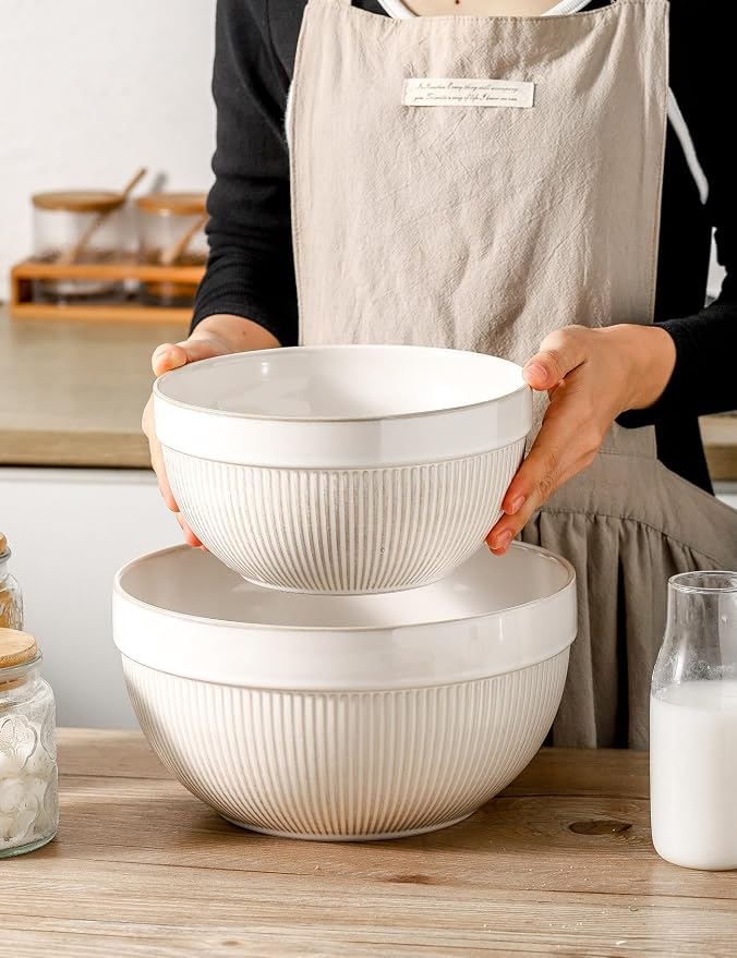 Ceramic Large Glazed White Stripe Mixing Bowls - Image 7