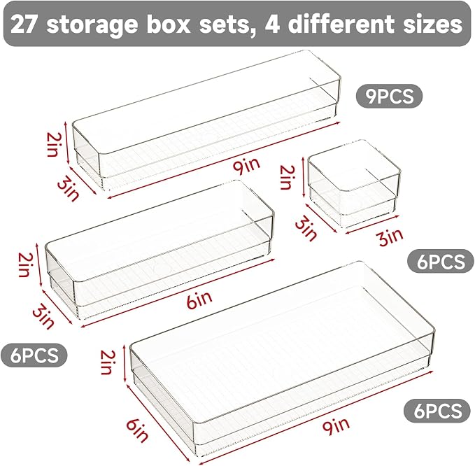 27 PCS Clear Plastic Drawer Organizer Set, 4 Sizes Acrylic Drawer Storage Trays - Image 2