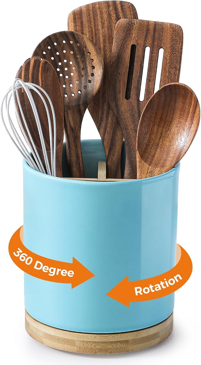 LoeJan 3 Compartment Utensil Holder, Extra Large Utensil Crock, Stable Ceramic by LoeJan