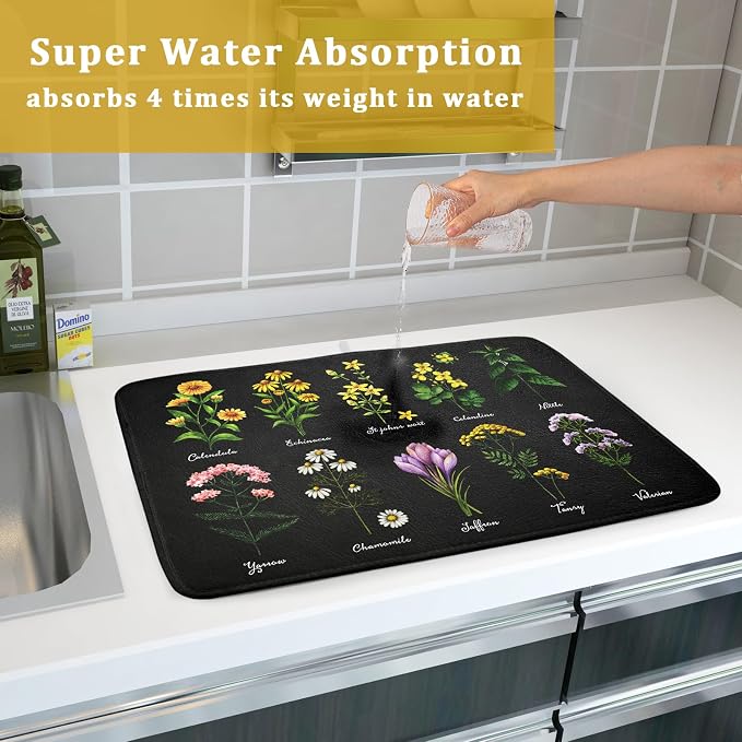 Black Flower Herbs Dish Drying Mat 18x24 Inch Botanical Floral Microfiber - Image 7