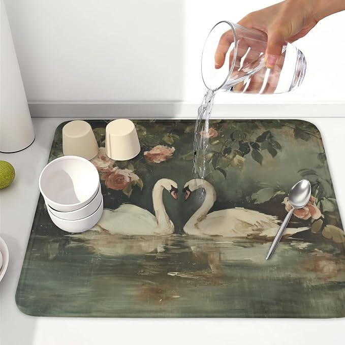 Swans Dish Drying Mat 18x16 Inch, Wildlife Aesthetic Dish Drainer Mats Summer - Image 6