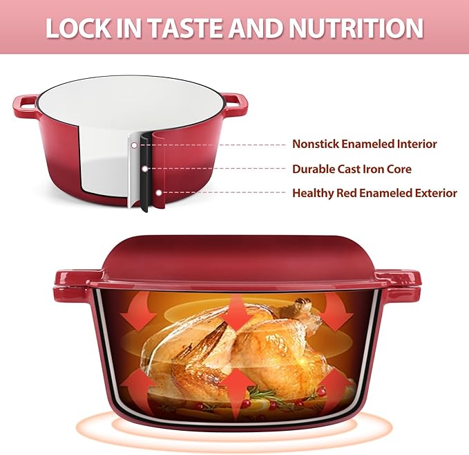 TeamFar 2-In-1 Enameled Cast Iron Dutch Oven, 5 Quart Dutch Oven Pot Cookware - Image 3