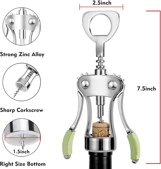 KORCCI Wine Opener, Heavy-Duty Zinc Alloy Wing Corkscrew, Premium Beer Bottle - Image 2