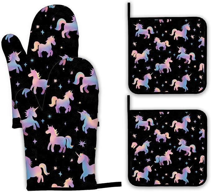 Cute Unicorn Pattern Oven Mitts and Pot Holders Set by Unknown
