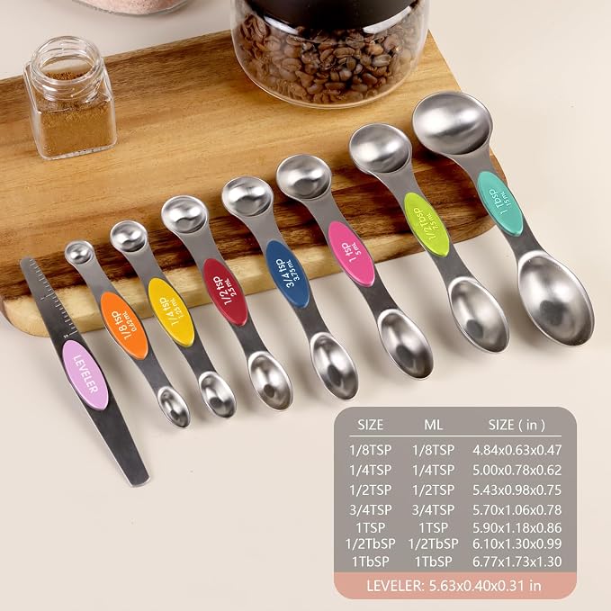 ChefAide Pack of 8 Stainless Steel Magnetic Measuring Spoons Set, Dual Sided - Image 2