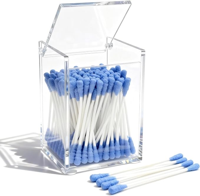 Clear Acrylic Qtip Holder with Lid, Cotton Balls Swab Organizer, 2.95" x 2.56" by Dealpoli