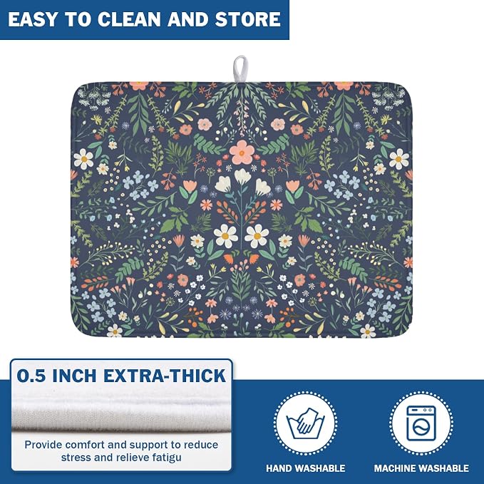 Floral Dish Drying Mat for Kitchen Counter Rustic Flower Leaves Print - Image 5