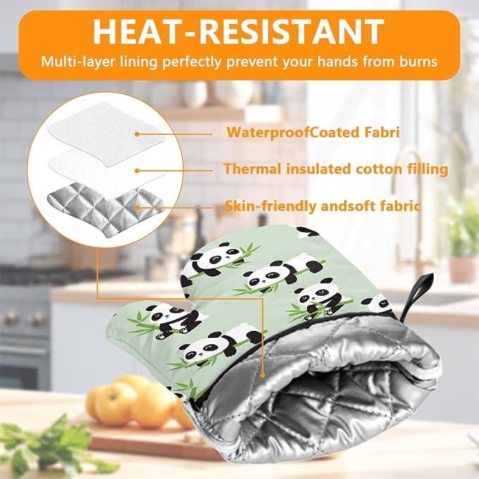 Cute Panda Oven Mitts and Pot Holders Sets 4Pcs, Extra Long Oven Gloves - Image 3