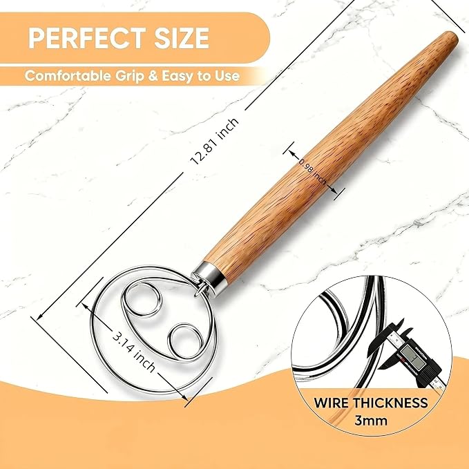 Maxjoy Danish Dough Whisk Stainless Steel Wooden Handle - Image 5