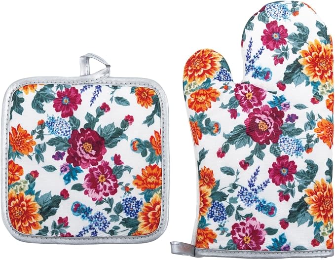 Floral Oven Mitts and Pot Holders Sets 2 Pcs, Canvas Heat Resistant Kitchen by QEES
